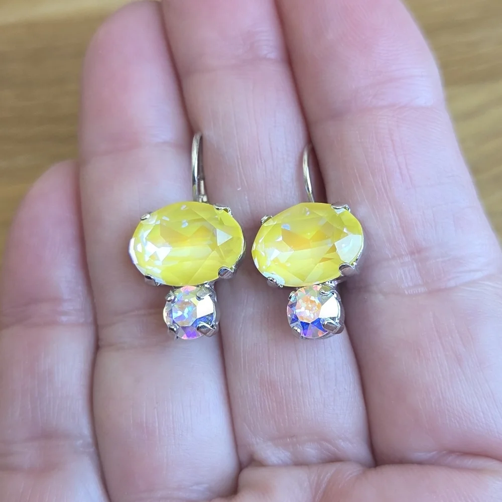 Silver Leverback Earrings with Yellow Sunshine Delite Crystals - Hand Crafted